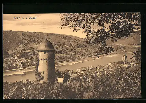 AK Zell /Mosel, Ortsansicht mit Turm aus der Vogelschau