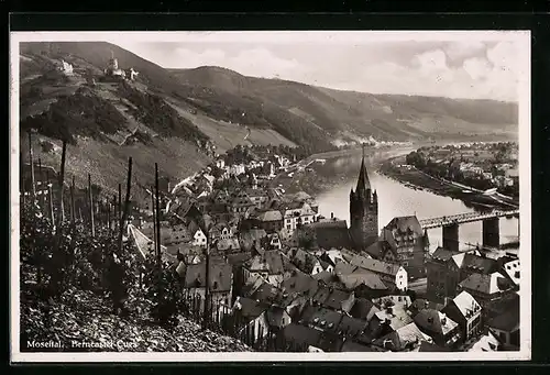AK Berncastel-Cues, Ortsansicht mit Moselblick aus der Vogelschau