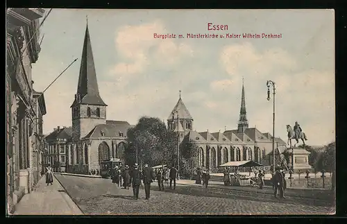 AK Essen, Burgplatz mit Münsterkirche und Kaiserdenkmal