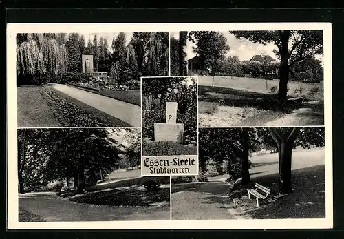 AK Essen-Steele, Stadtgarten mit Denkmal