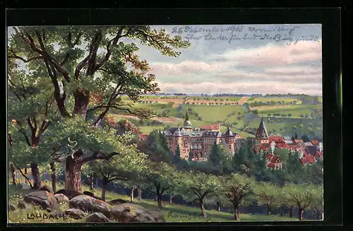 Künstler-AK Laubach /Hessen, Ortsansicht mit Schloss und Umgebung