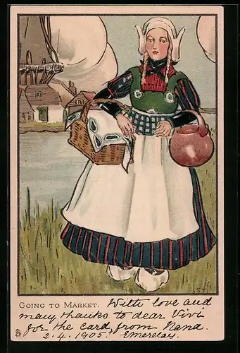 AK Niederländisches Mädchen in Tracht auf dem Weg zum Markt