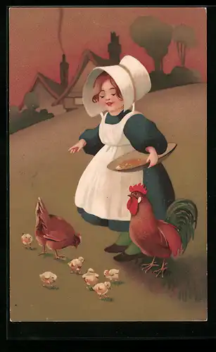 AK Kleines Mädchen in niederländischer Tracht beim Hühnerfüttern