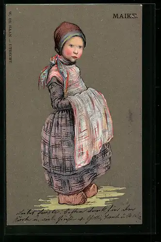 AK Maike, Kleines Mädchen in Schürze und Holzschuhen