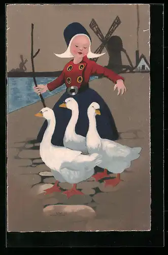 AK Kleines Mädchen in Tracht mit Gänseschar