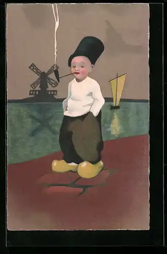 AK Kleiner Raucher in Klompen, Windmühle