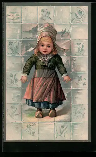 Präge-AK Kleines Trachtenmädchen vor niederländischen Kacheln