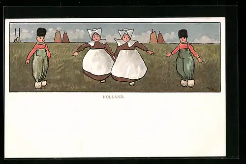 Lithographie Zwei Mädchen und zwei Knaben in Tracht vor einem Hafen, Holland