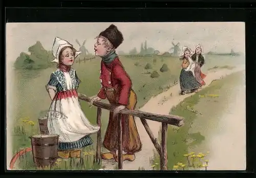 Lithographie Melkerin bei Unterhaltung mit Zeuginnen, niederländische Tracht