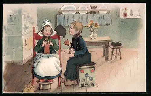 Lithographie Paar in Tracht in einer niederländischen Stube