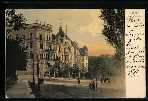 AK Aachen, Monheimsallee mit Pferdewagen und Lastenrad