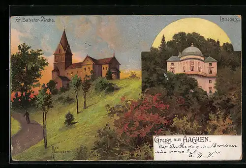 Lithographie Aachen, St. Salvator-Kirche, Haus auf dem Lousberg