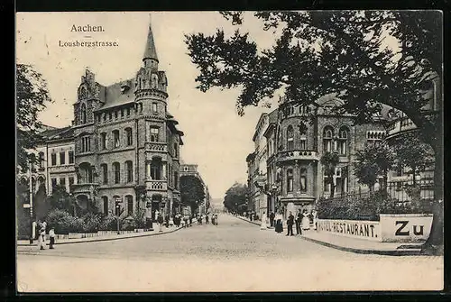 AK Aachen, Lousbergstrasse mit Passanten und Hotel-Restaurant