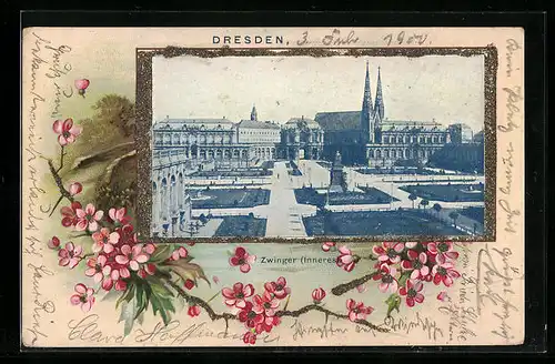 Passepartout-Lithographie Dresden, Zwinger (Inneres), Obstblüten, Glitter