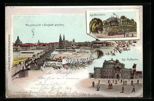 Lithographie Dresden, Hauptansicht von Neustadt gesehen, Hoftheater