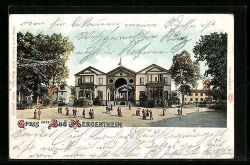Lithographie Bad Mergentheim, Kurhaus mit flanierenden Kurgästen