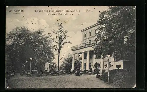 AK Aachen, Lousberg-Restaurant Belvedere Wwe. J. Schenk, Gartenansicht