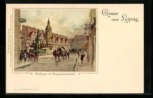 Lithographie Leipzig, Rathaus mit Siegesdenkmal