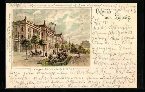 Lithographie Leipzig, Augusteum (Universität) mit Strasse