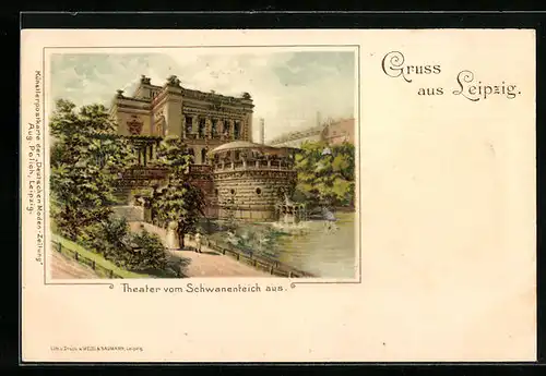 Lithographie Leipzig, Theater vom Schwanenteich aus