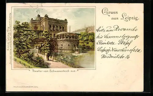 Lithographie Leipzig, Theater und Schwanenteich