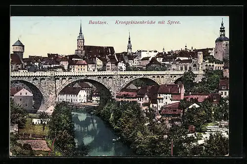 AK Bautzen, Kronprinzenbrücke mit Spree