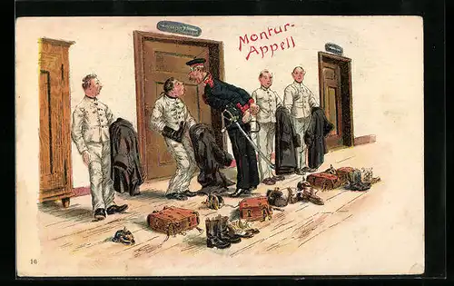 Künstler-AK Soldaten und Offizier beim Montur-Appell