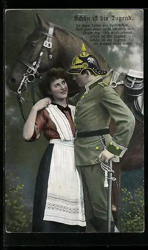 AK Soldat und junge Dame vor einem Pferd