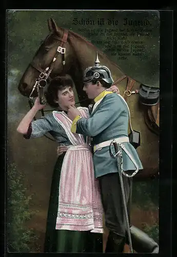 AK Soldat und junge Dame schäkern, Schön ist die Jugend