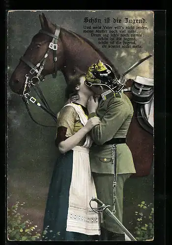 AK Soldat und junge Dame küssen sich, Schön ist die Jugend