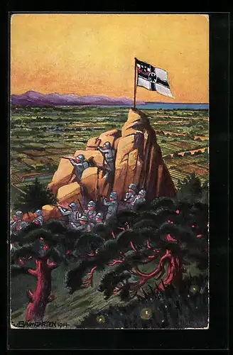 Künstler-AK Tsingtau, Schiessbereite deutsche Soldaten auf Beobachtungsposten vor der Stadt, Fahne