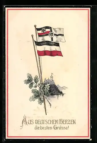 AK Aus deutschem Herzen..., Fahnen, Burg und Eichenlaub