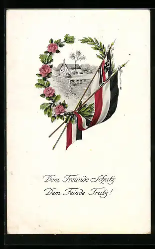 AK Dem Freunde Schutz..., Anwesen im Ehrenkranz, Fahnen