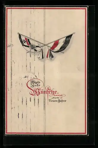 Präge-AK Gekreuzte deutsche Fahnen, Neujahrsgruss