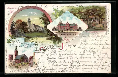 Lithographie Itzehoe, Breiten-Burg, Kaiserliche Post, St. Laurenthy