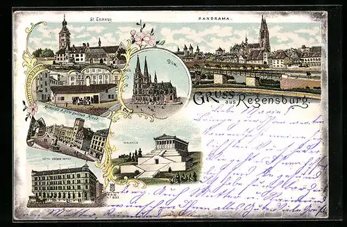 Lithographie Regensburg, Panorama, Dom, Hotel grüner Kranz