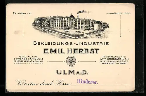 AK Ulm a. D., Besuchs-Anzeige Bekleidungs-Industrie Emil Herbst