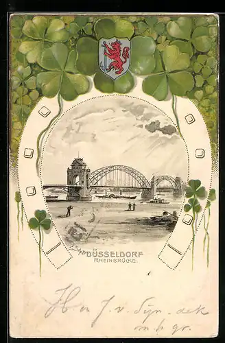 Passepartout-Lithographie Düsseldorf, Rheinbrücke im Hufeisenrahmen, Wappen