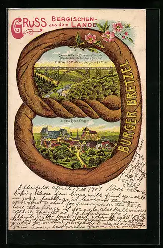 Passepartout-Lithographie Solingen, Schloss Burg an der Wupper, Kaiser Wilhelm-Brücke, Ansichten auf Bretzel