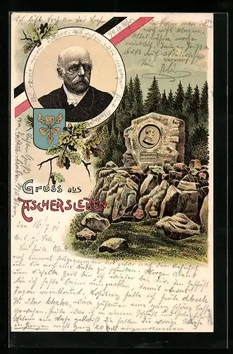 Lithographie Aschersleben, Portrait und Denkmal Otto von Bismarck