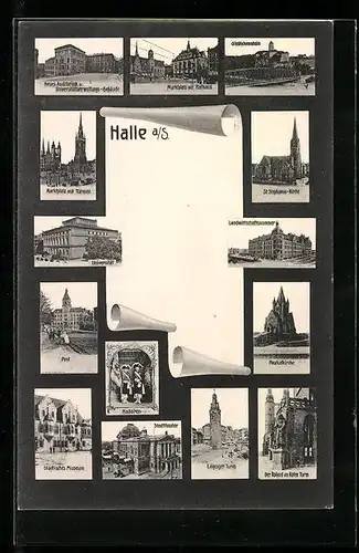 AK Halle /Saale, Halloren, Leipziger Turm, Der Roland am Roten Turm, Pauluskirche, St. Stephanus-Kirche