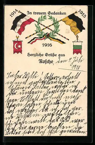 AK Rosche, In treuen Gedenken 1916, herzliche Grüsse, Zweibund und türkische Flaggen