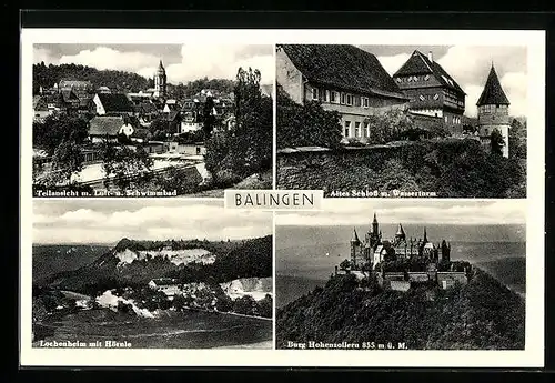 AK Balingen, Luft- und Schwimmbad, Altes Schloss m. Wasserturm, Burg Hohenzollern