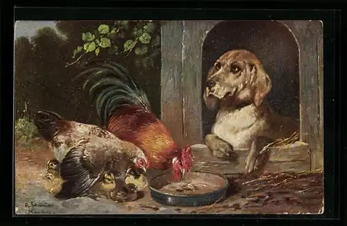 Künstler-AK Alfred Schönian: Hühner und Hund an der Hundehütte