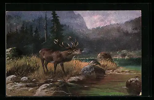 Künstler-AK Alfred Schönian: Hirsch an einem Bergsee