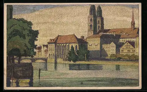 Künstler-AK Ernst E. Schlatter: Zürich, Partie am Limmatufer