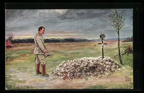 Künstler-AK Willi Scheuermann: Soldat am Grab eines Kameraden