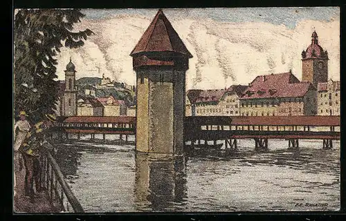 Künstler-AK Ernst E. Schlatter: Luzern, Partie am Wasserturm