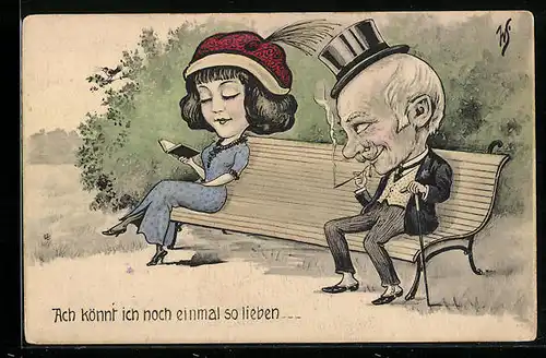 Künstler-AK Willi Scheuermann: Alter Herr beobachtet junge Dame auf einer Bank