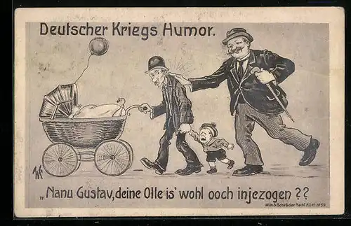 Künstler-AK Willi Scheuermann: Nanu Gustav, Deine Olle is`..., Mann mit Kinderwagen wird angesprochen